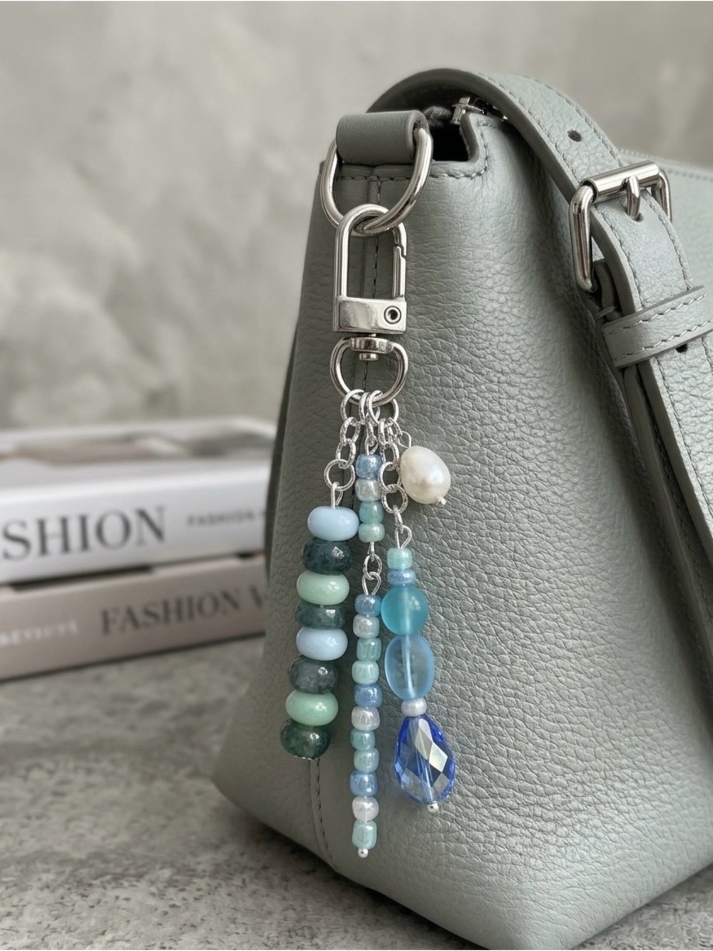 Cerulean Blue/Aqua Rondelle Beaded Bag Charm Keychain with Real Pearl Charm